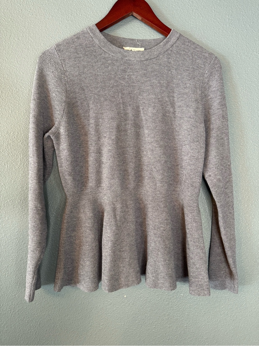 La Vila Milano Womens Large Rib Knit Peplum Sweater Gray Crew Neck Long Sleeve